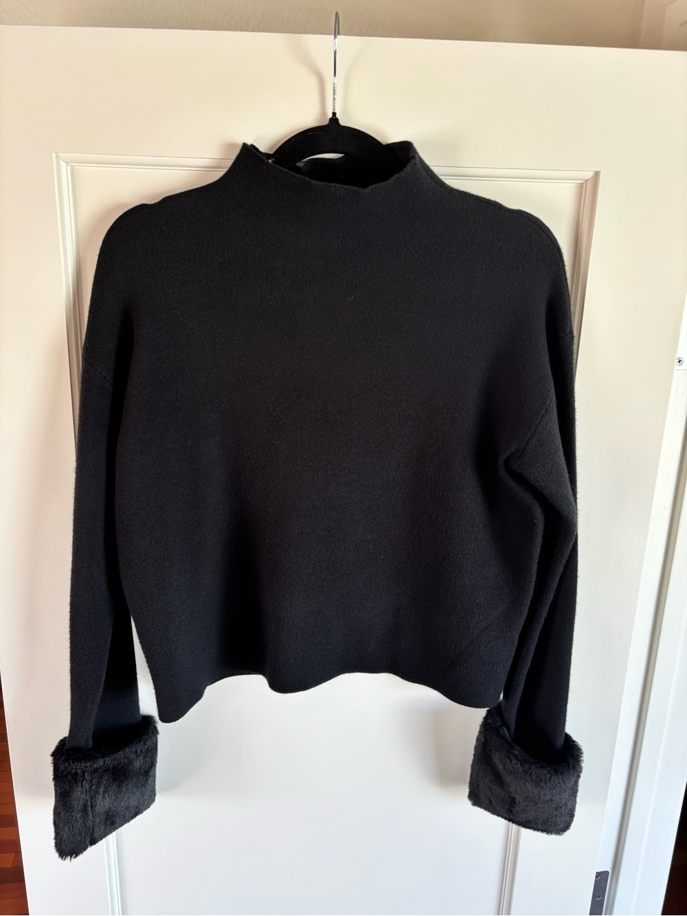 Adrienne Vittadini Women’s Black Mock Neck Sweater with Faux-Fur Cuffs